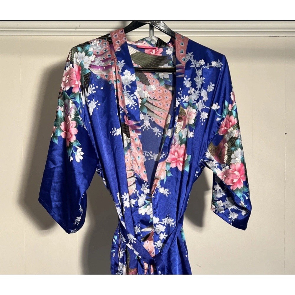 Anntourage Polyester‎ Deep Blue Kimono Style Robe S/M Floral Peacocks